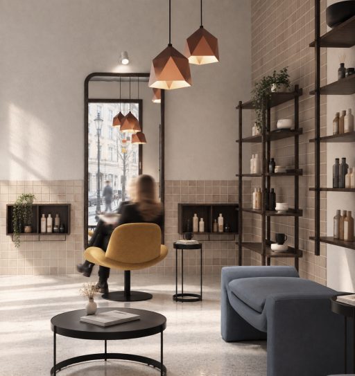 SALON FRYZJERSKI, FORLE Z LUSTREM , KOBIETA NA FOTELU