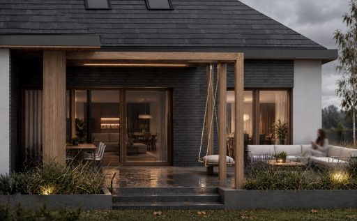nowoczesny, elegancki dom jednorodzinny utrzymany w ciemnej, minimalistycznej stylistyce, z dużym naciskiem na naturalne materiały i połączenie wnętrza z ogrodem
